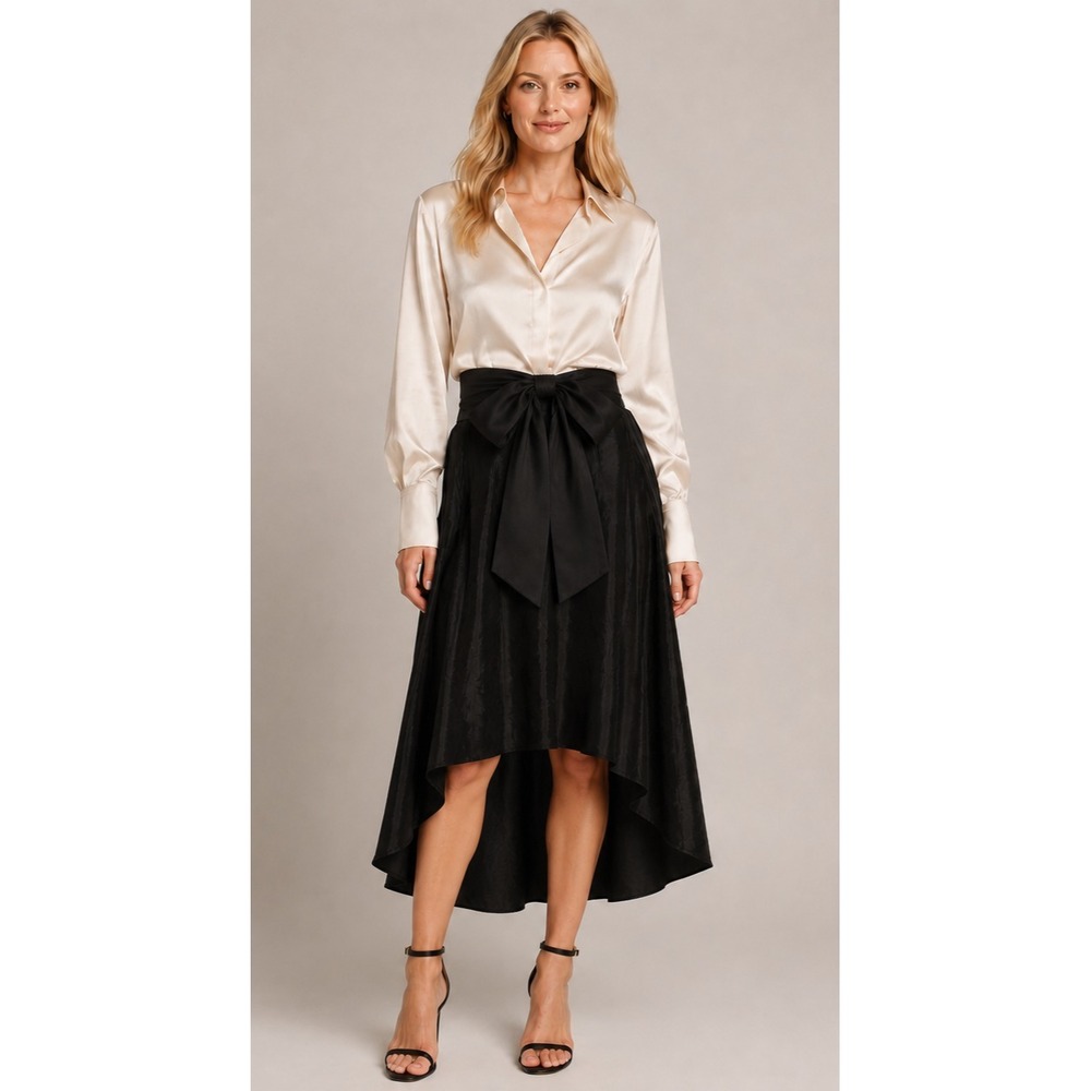R&M Richards Black Taffeta Hi Low Luxury Skirt Bow Formal Evening Party Size 18W